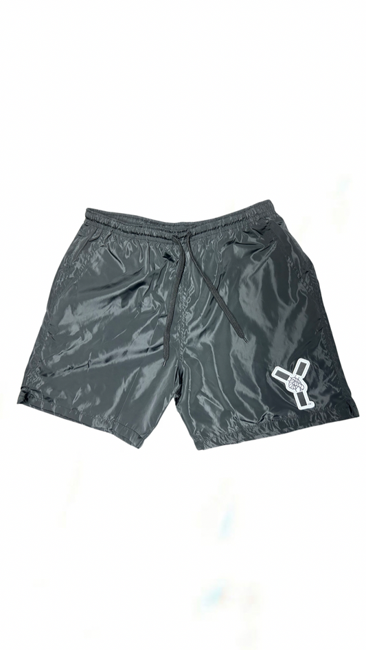 Black Stitched Logo Windbreaker Shorts