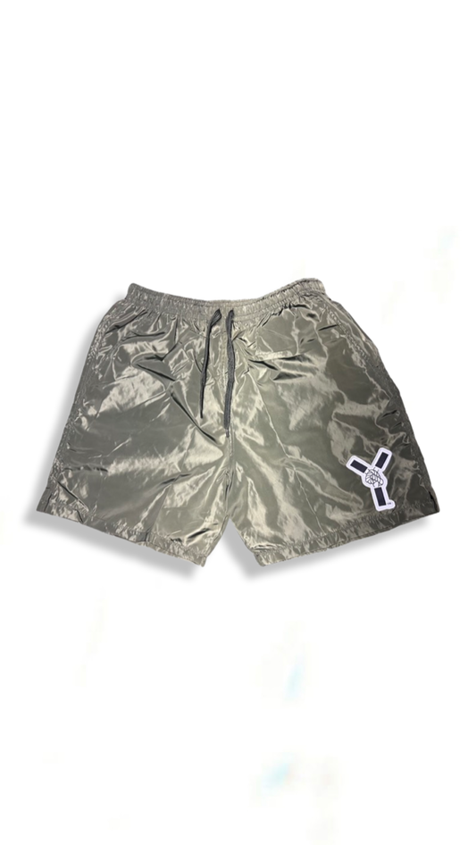 Olive Stitched Logo Windbreaker Shorts