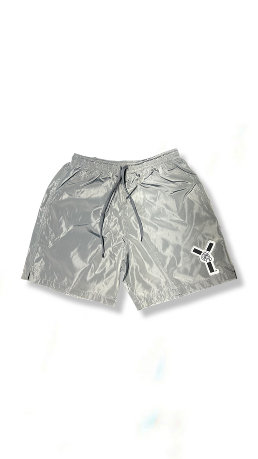 Grey Stitched Logo Windbreaker Shorts